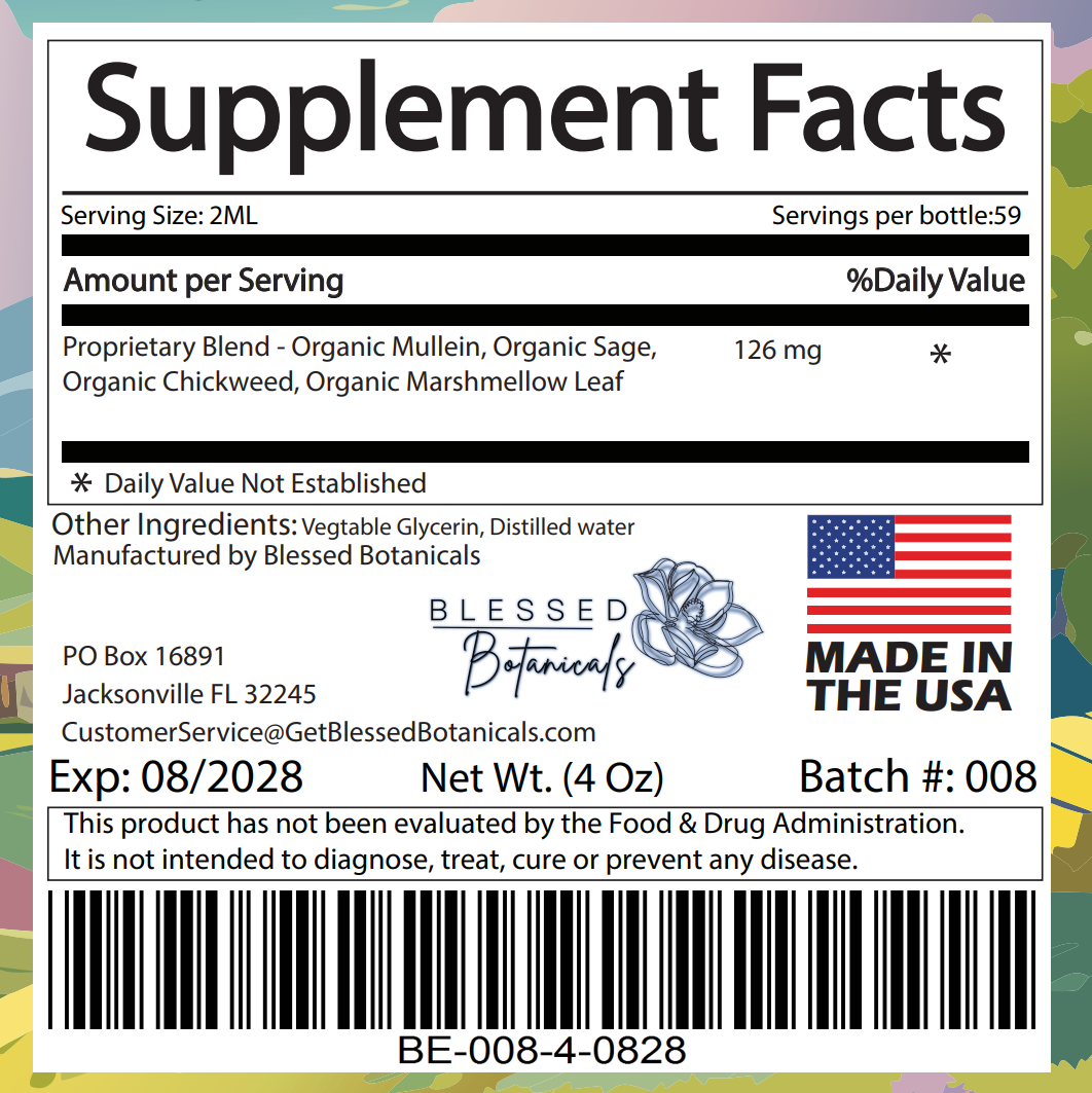 breathe easy supplement facts close up showing mullein sage chickweed and marshmallow leaf ingredients