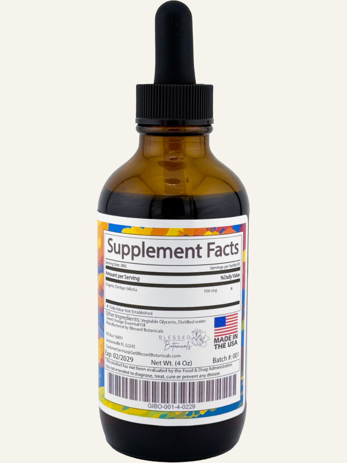 Blessed Botanicals Ginkgo Biloba supplement facts label showing ingredients and serving information