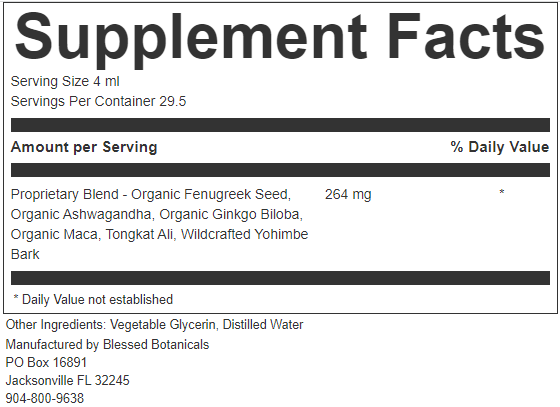 mens health supplement facts close up showing tongkat ali ashwagandha maca and fenugreek blend 264 mg