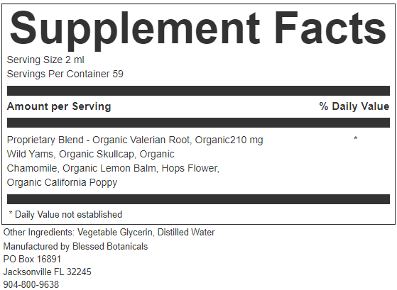 Close up of Blessed Botanicals Sleepy Time supplement facts showing valerian root and calming herbal ingredients for nighttime relaxation support