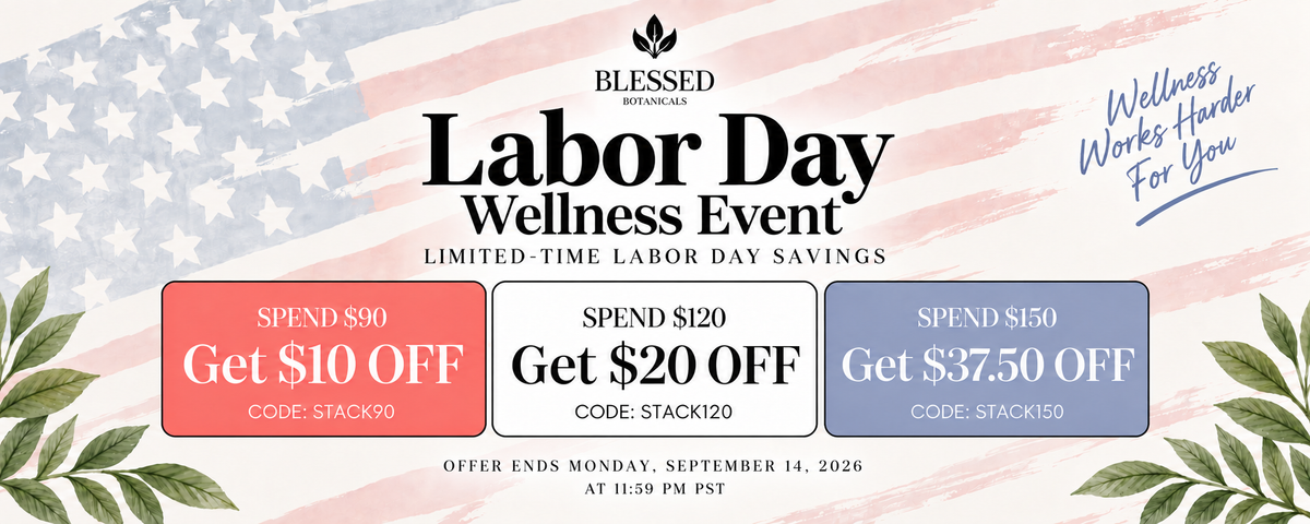 Promotional banner for Blessed Wellness Labs Labor Day Wellness Event, featuring a blurred American flag background, three discount boxes for $10, $20, and $37.50 off, and three leafy corner accents.