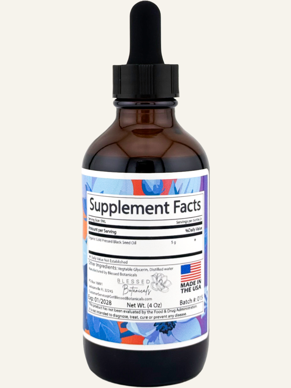 black seed oil supplement facts label showing cold pressed nigella sativa ingredients and dosage