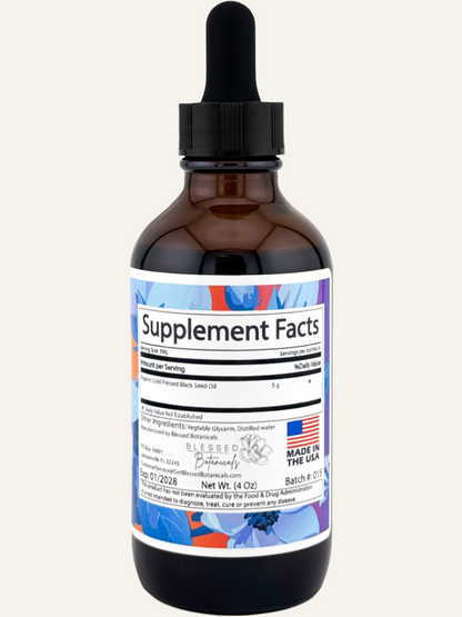 black seed oil supplement facts label showing cold pressed nigella sativa ingredients and dosage