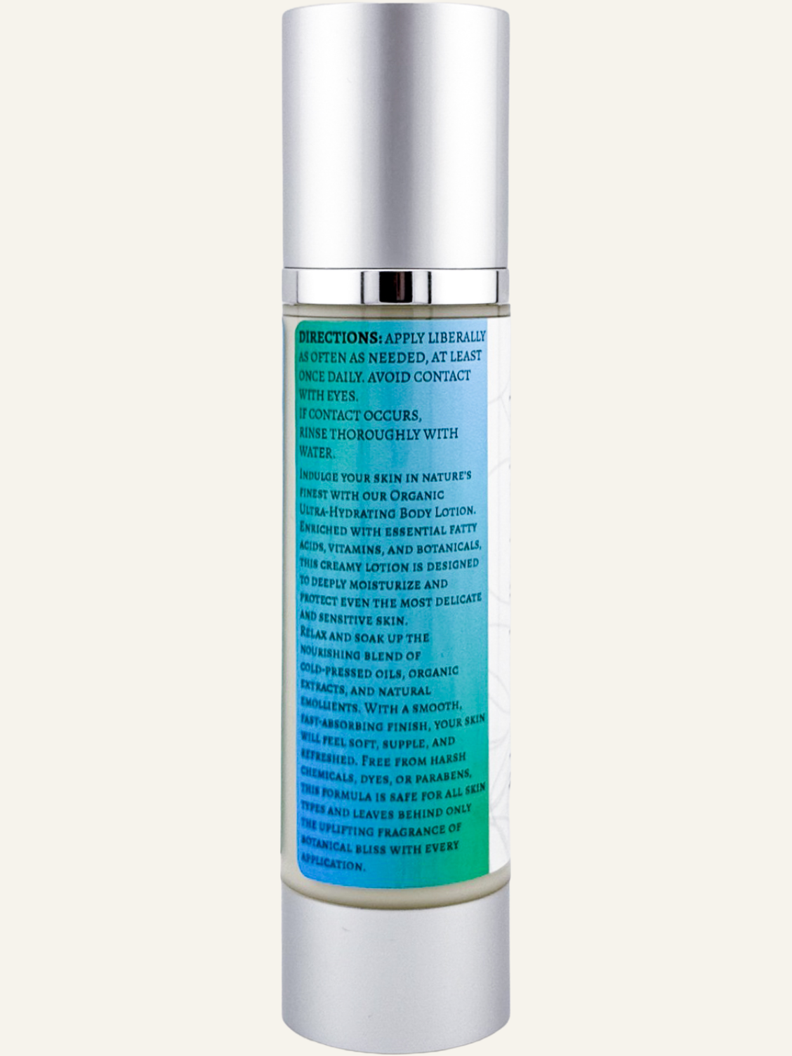 Blessed Botanicals body lotion directions label showing how to apply for daily skin hydration and moisturizing routine
