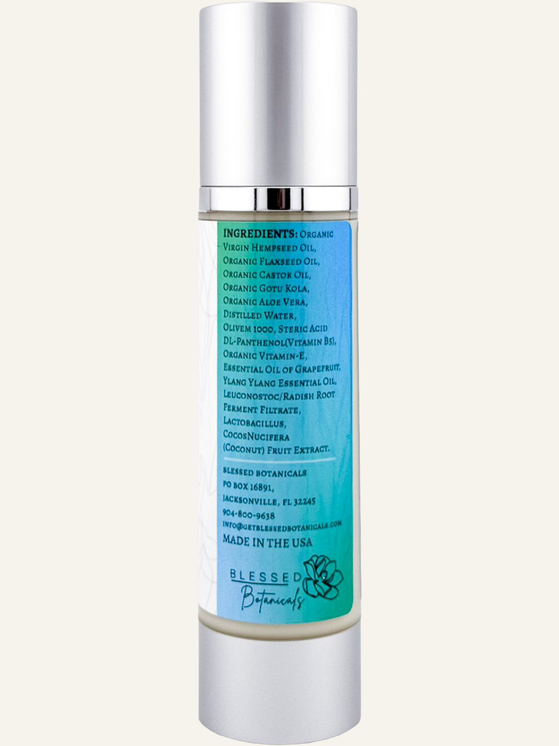 Blessed Botanicals body lotion ingredients label with botanical oils and moisturizing formula details for skin hydration