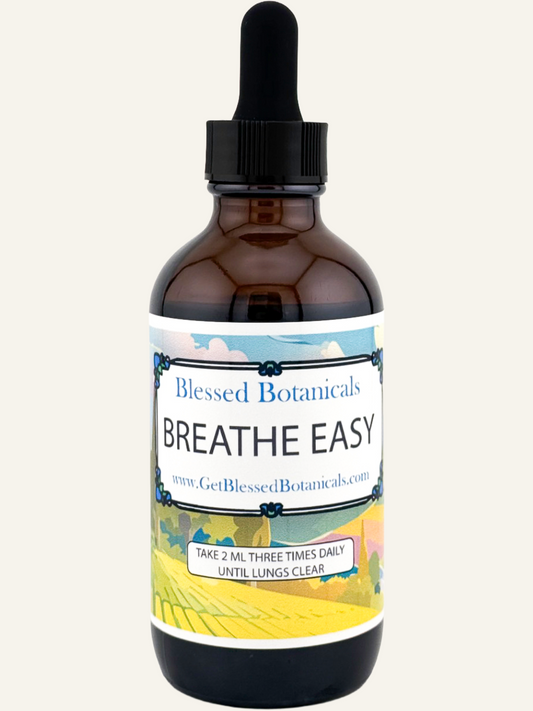 Blessed Botanicals breathe easy herbal tincture dropper bottle for respiratory support and clear breathing