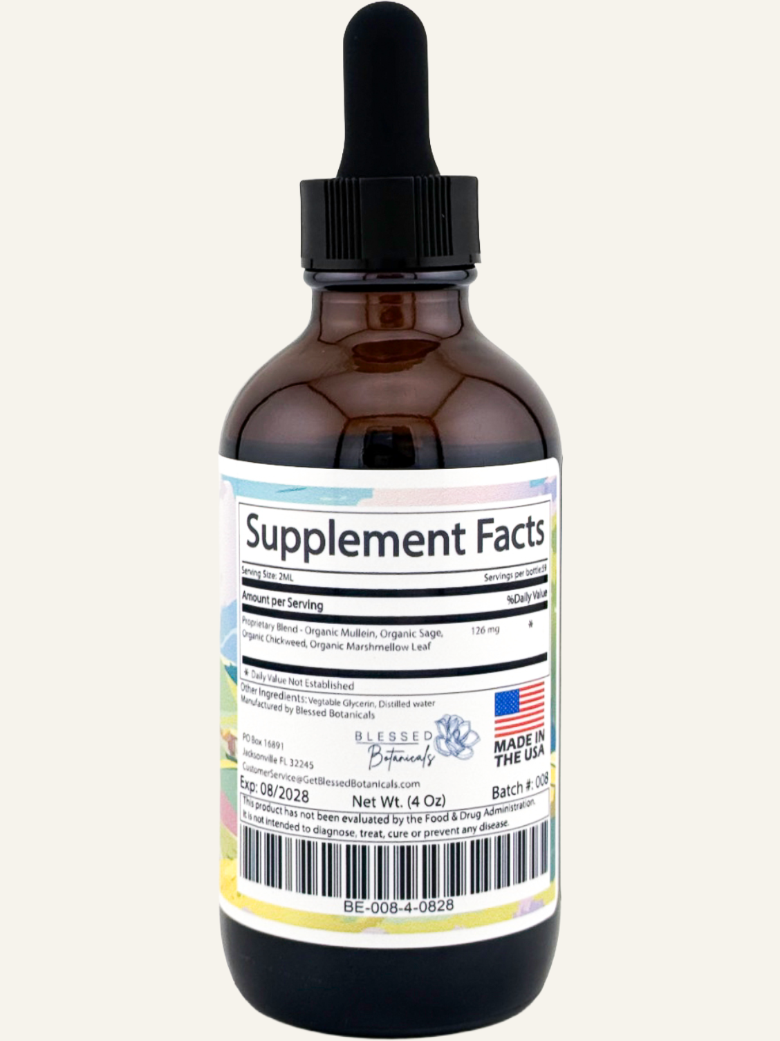 Blessed Botanicals breathe easy supplement facts label showing herbal ingredients for respiratory support