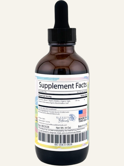 Blessed Botanicals breathe easy supplement facts label showing herbal ingredients for respiratory support