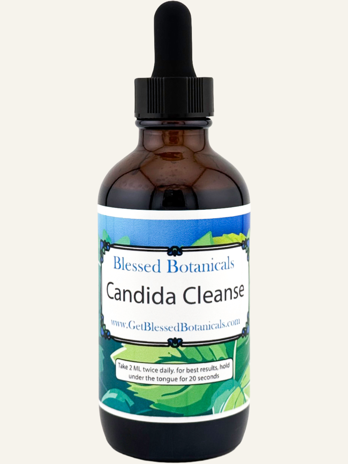 Blessed Botanicals Candida Cleanse herbal extract dropper for gut balance support in amber glass bottle