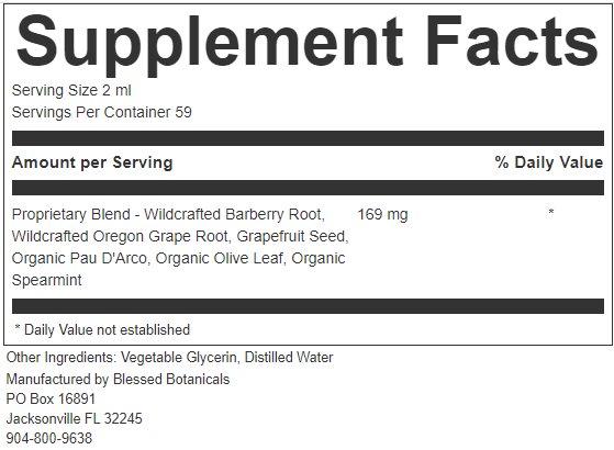 Close up of Blessed Botanicals Candida Cleanse supplement facts showing ingredients and serving details for gut balance support