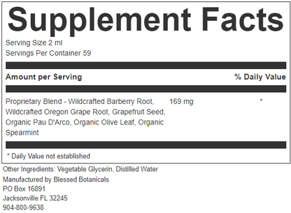 Close up of Blessed Botanicals Candida Cleanse supplement facts showing ingredients and serving details for gut balance support