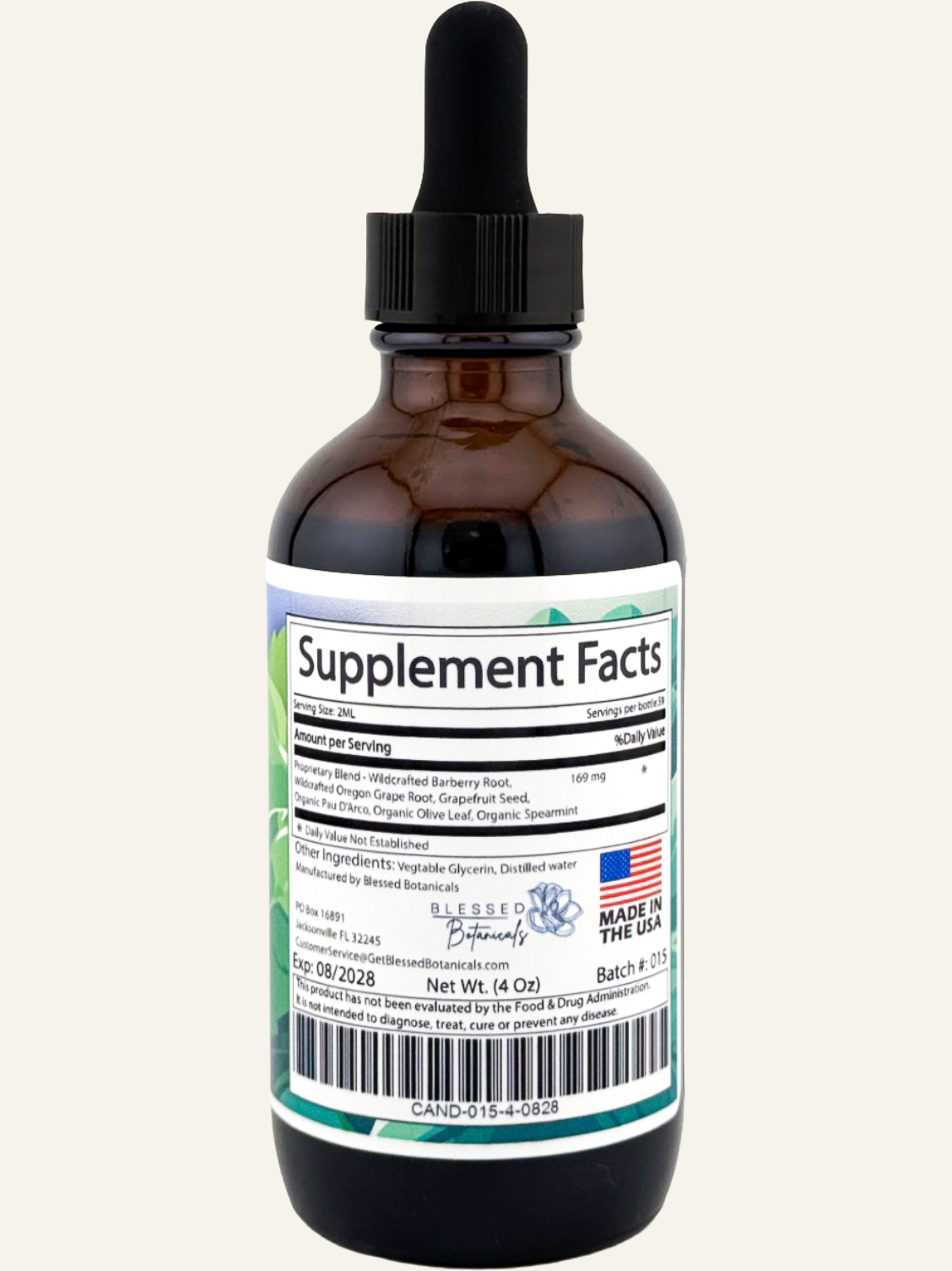 Blessed Botanicals Candida Cleanse supplement facts label with ingredients and serving information for gut balance support