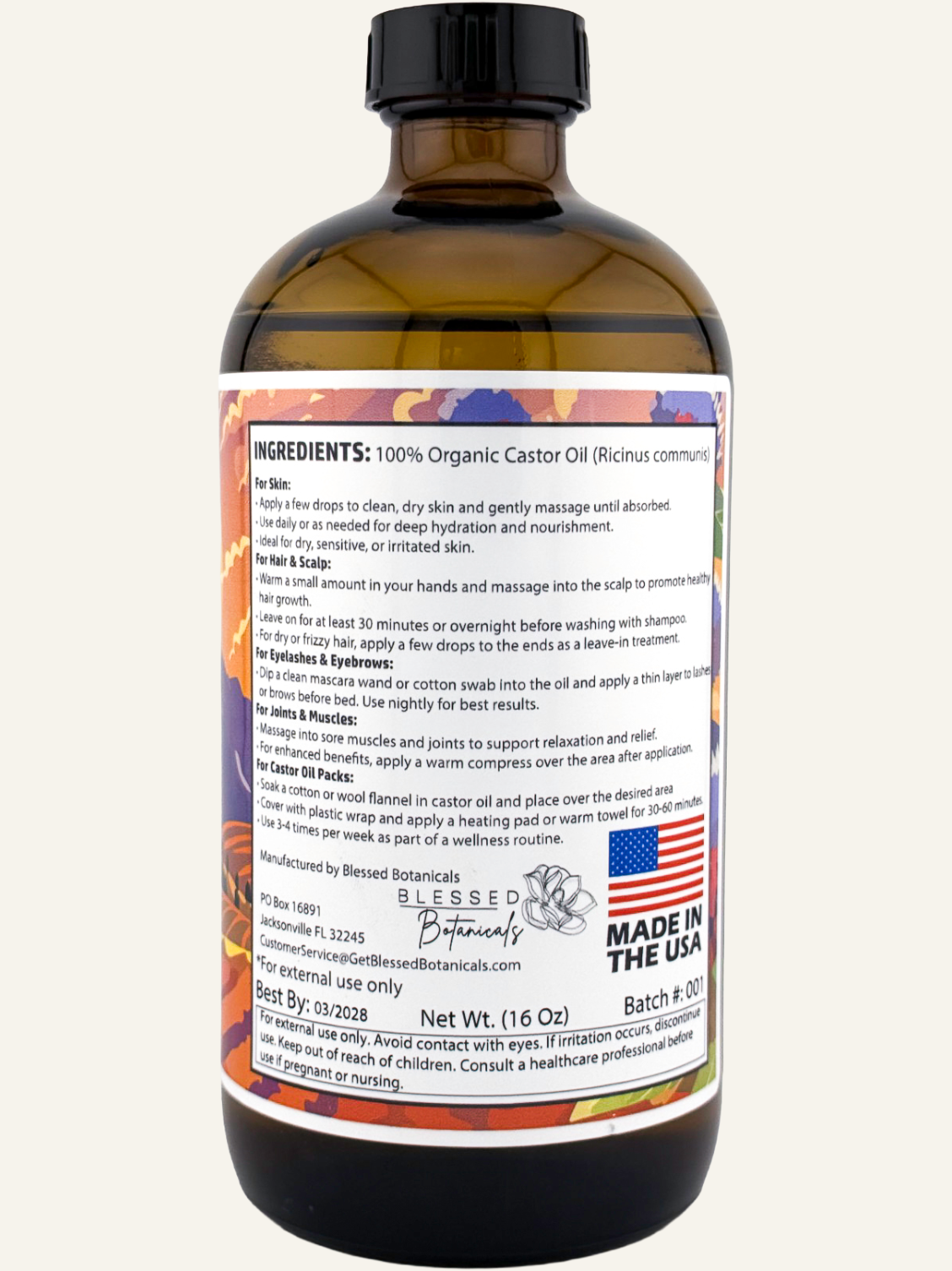 Blessed Botanicals castor oil back label with ingredients and directions for skin hair and scalp use
