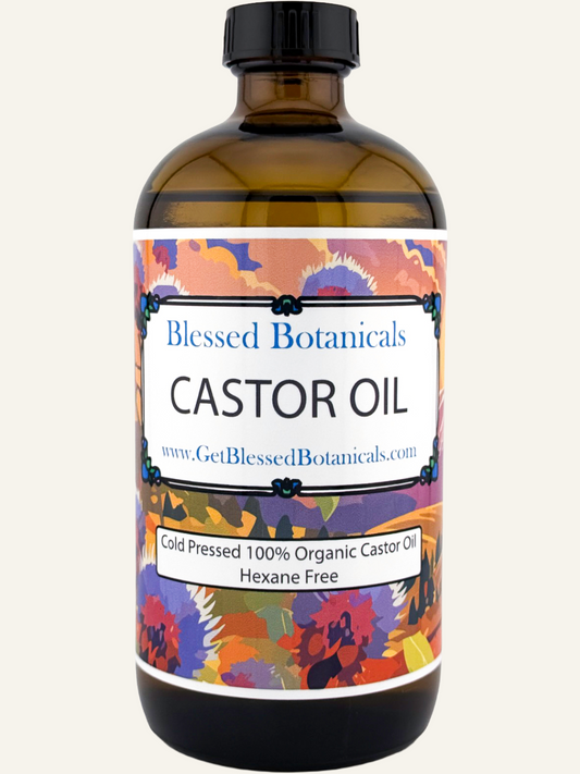 Blessed Botanicals cold pressed castor oil for skin and hair hydration in amber glass bottle