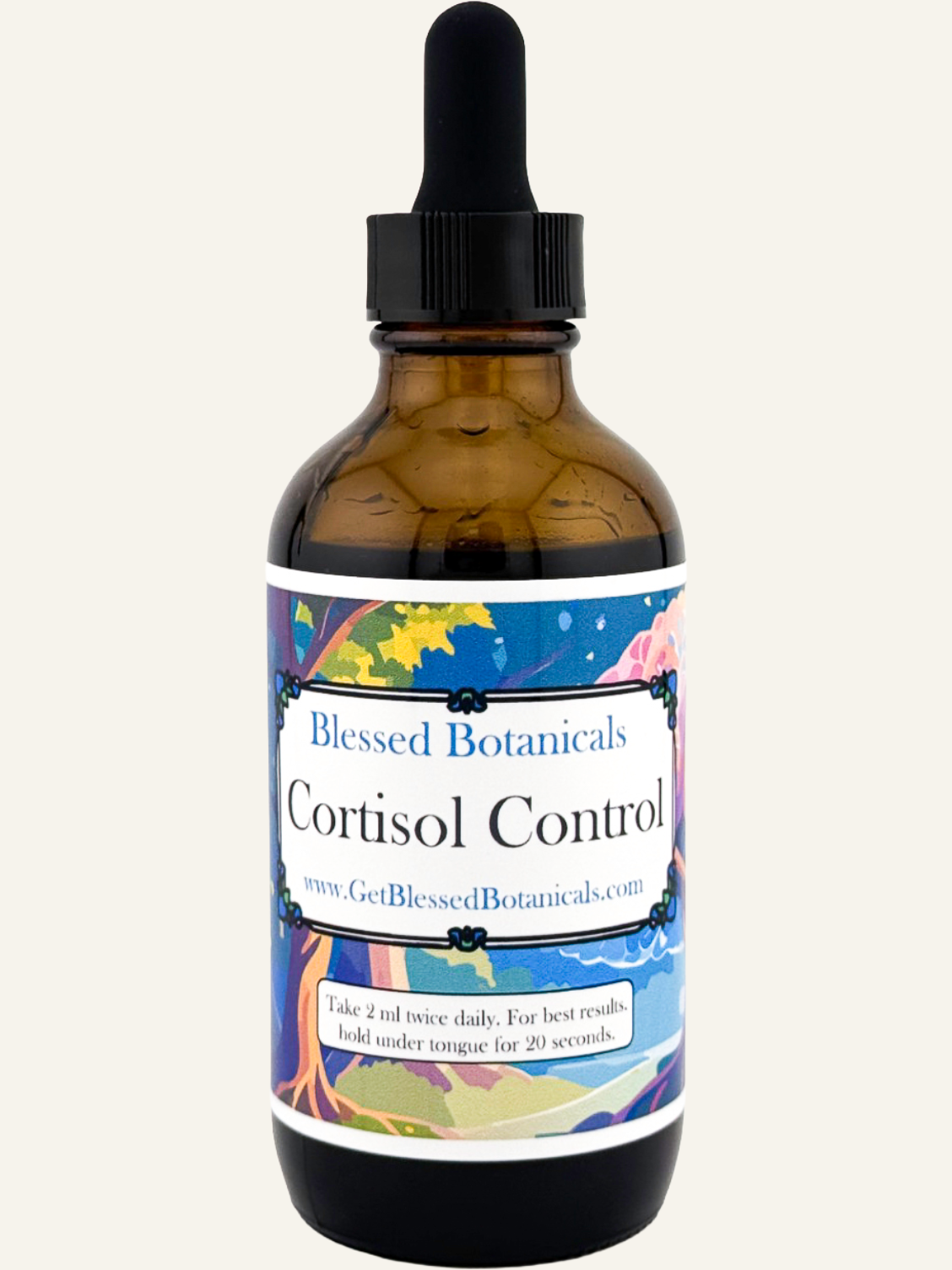 Blessed Botanicals Cortisol Control herbal extract dropper for daily wellness balance in amber glass bottle