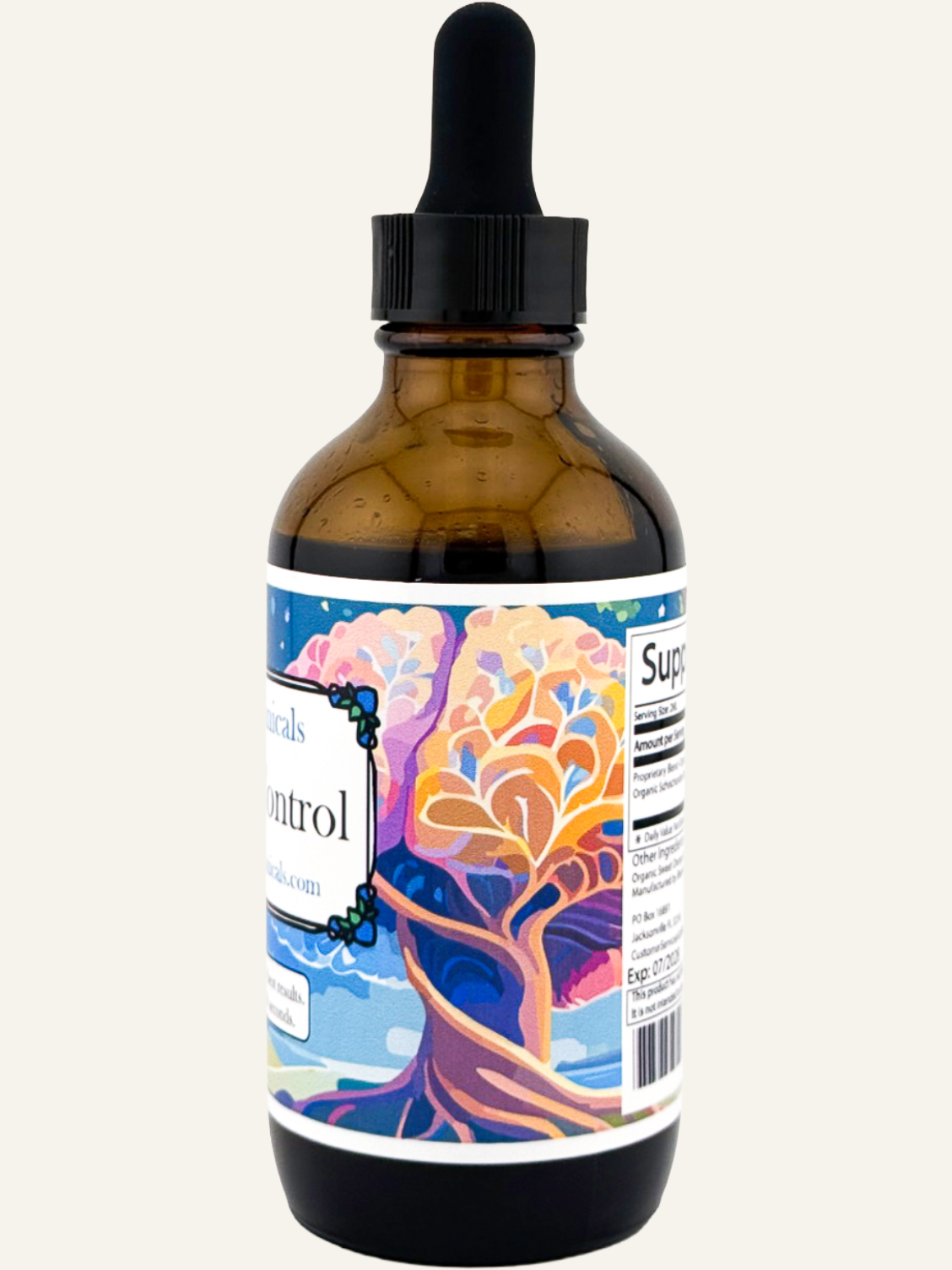 Blessed Botanicals Cortisol Control herbal extract dropper bottle side view for daily wellness support