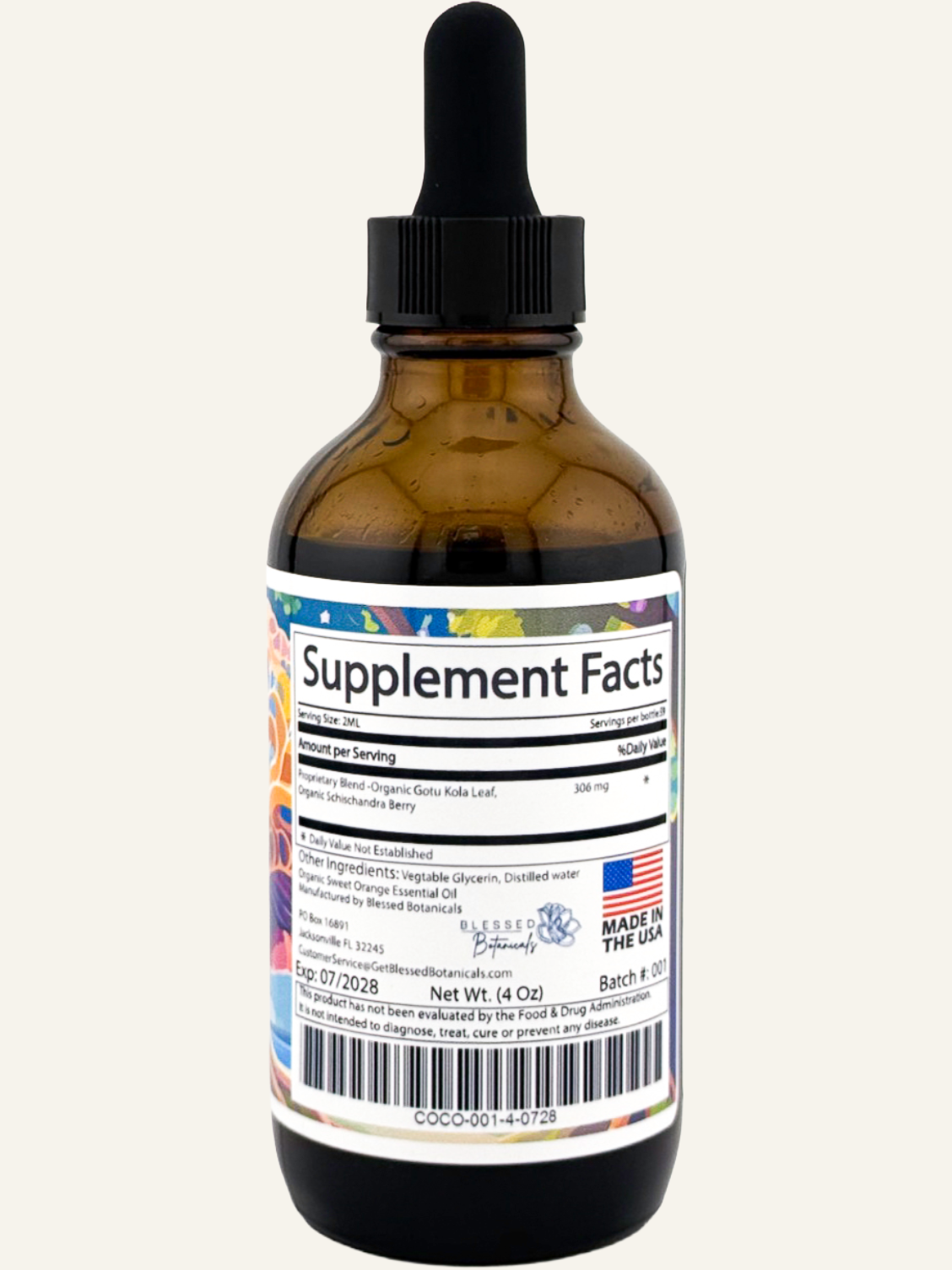 Blessed Botanicals Cortisol Control supplement facts label with ingredients and serving information for daily wellness routine