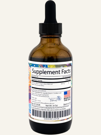 Blessed Botanicals Cortisol Control supplement facts label with ingredients and serving information for daily wellness routine