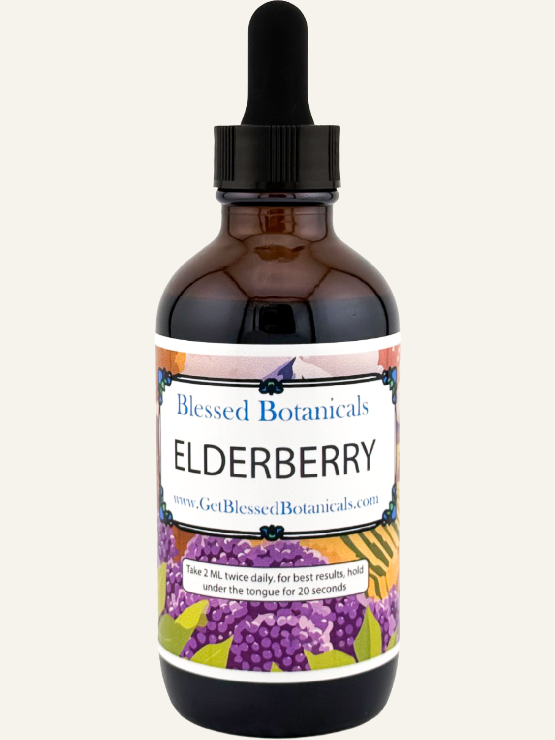 Blessed Botanicals elderberry herbal tincture dropper bottle for immune support and daily wellness