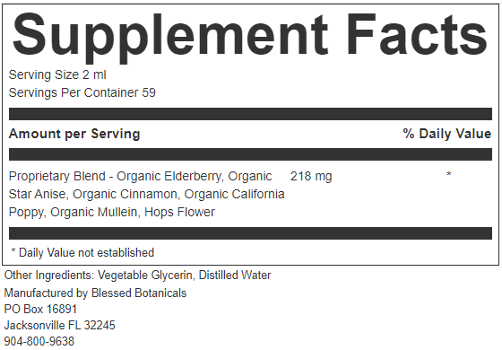 elderberry supplement facts close up showing organic elderberry star anise cinnamon and herbal ingredients