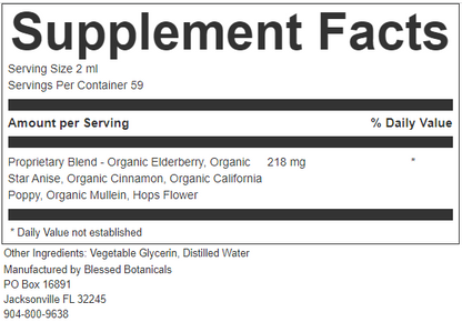 elderberry supplement facts close up showing organic elderberry star anise cinnamon and herbal ingredients
