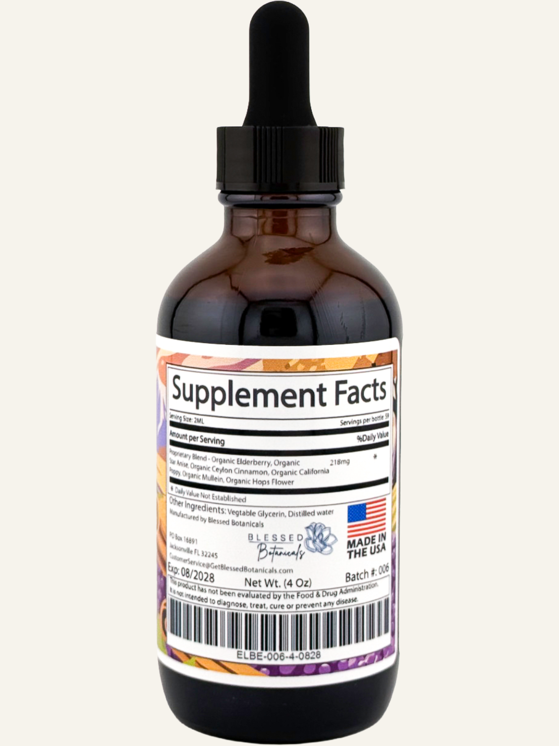 Blessed Botanicals elderberry supplement facts label showing ingredients and herbal immune support blend