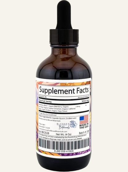 Blessed Botanicals elderberry supplement facts label showing ingredients and herbal immune support blend