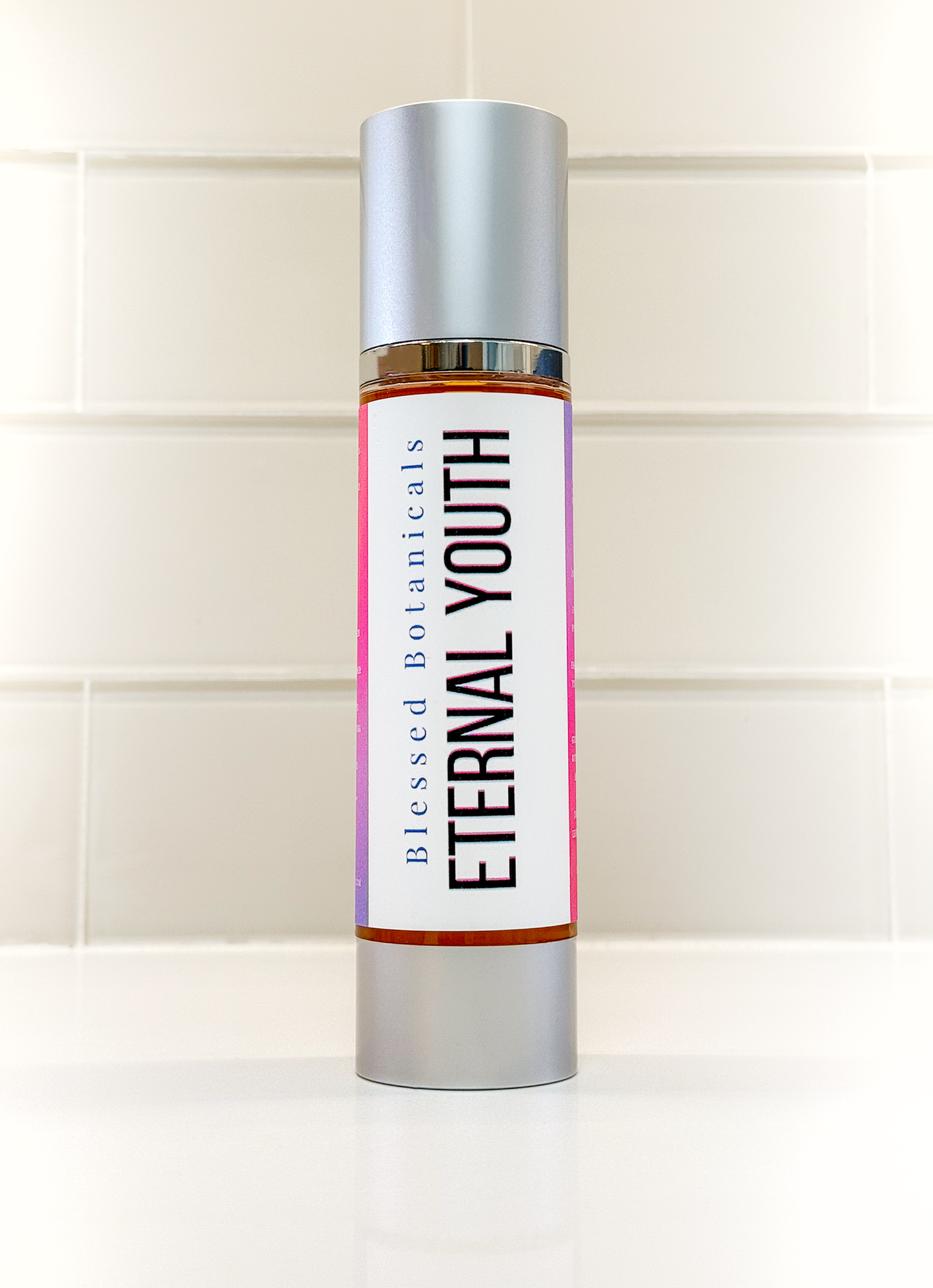 Blessed Botanicals Eternal Youth face oil bottle on bathroom counter for daily skincare routine