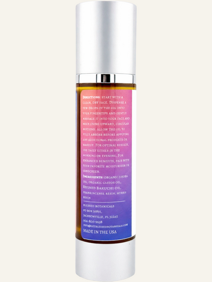 Blessed Botanicals Eternal Youth face oil directions and ingredients label on bottle