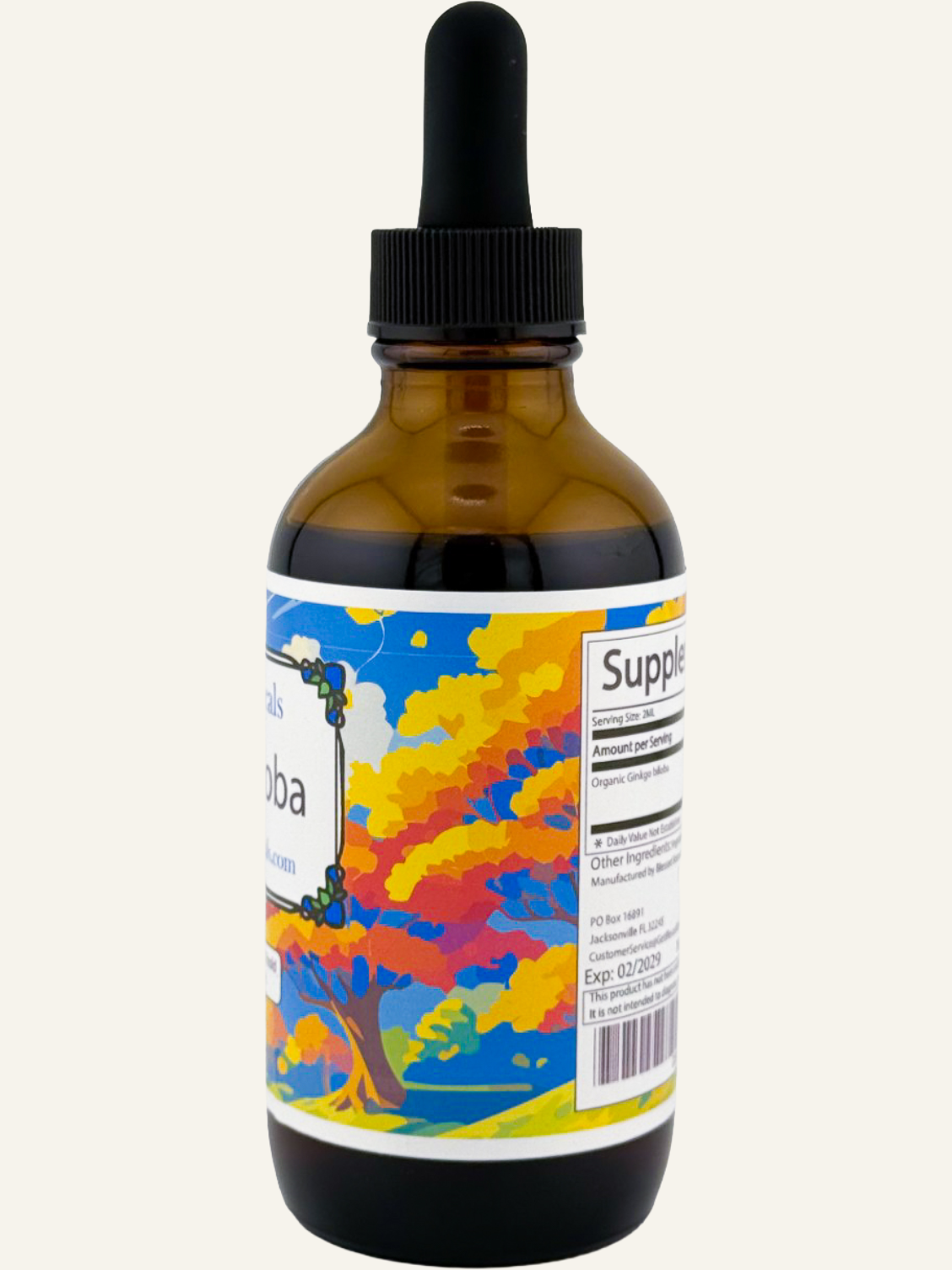 Blessed Botanicals Ginkgo Biloba herbal extract in amber glass dropper bottle side view