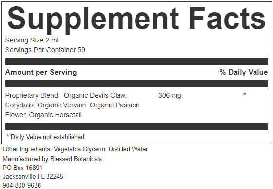 Close up of Blessed Botanicals herbal pain support extract supplement facts showing devils claw and herbal ingredients for daily comfort support