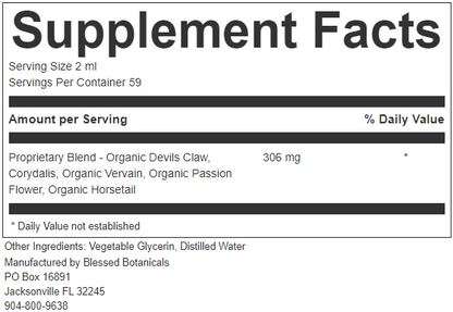 Close up of Blessed Botanicals herbal pain support extract supplement facts showing devils claw and herbal ingredients for daily comfort support