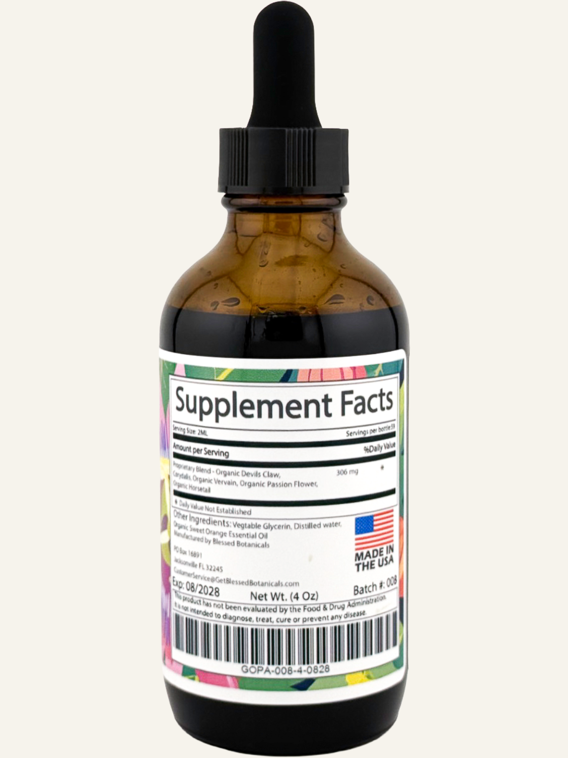 Blessed Botanicals herbal pain support extract supplement facts label with ingredients and serving information for daily comfort support