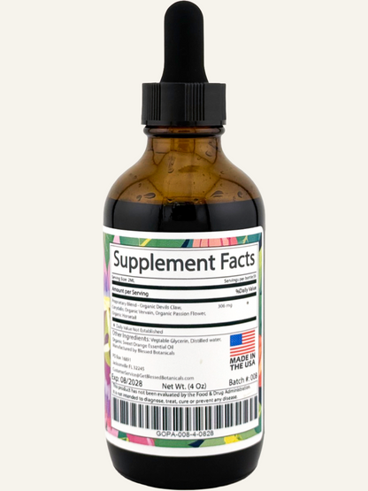 Blessed Botanicals herbal pain support extract supplement facts label with ingredients and serving information for daily comfort support