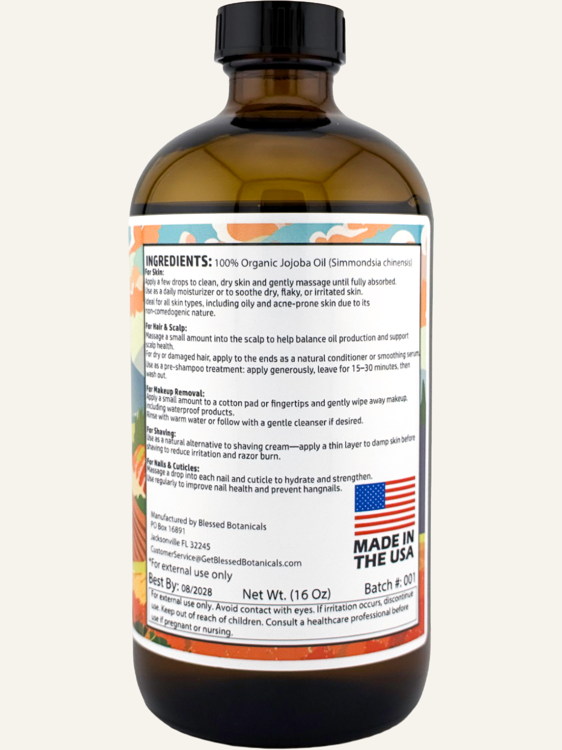 Blessed Botanicals jojoba oil back label showing ingredients and skin and hair usage directions