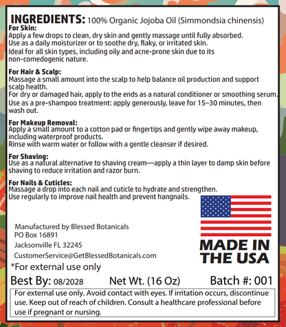 Close up of Blessed Botanicals jojoba oil ingredients and usage directions label