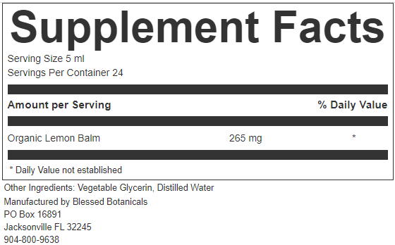 lemon balm supplement facts close up showing 265 mg organic lemon balm per serving