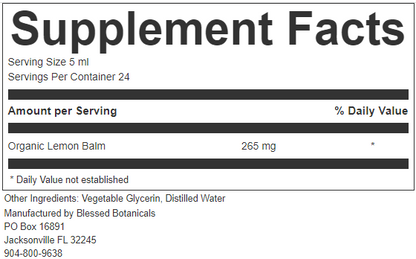 lemon balm supplement facts close up showing 265 mg organic lemon balm per serving