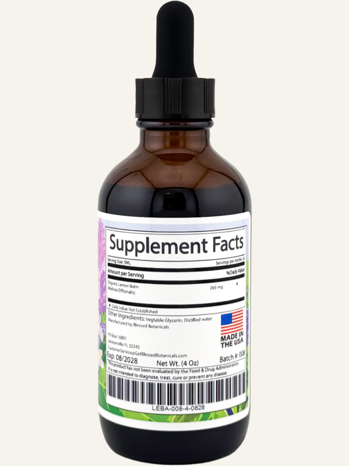 lemon balm supplement facts showing organic melissa officinalis extract and serving size information