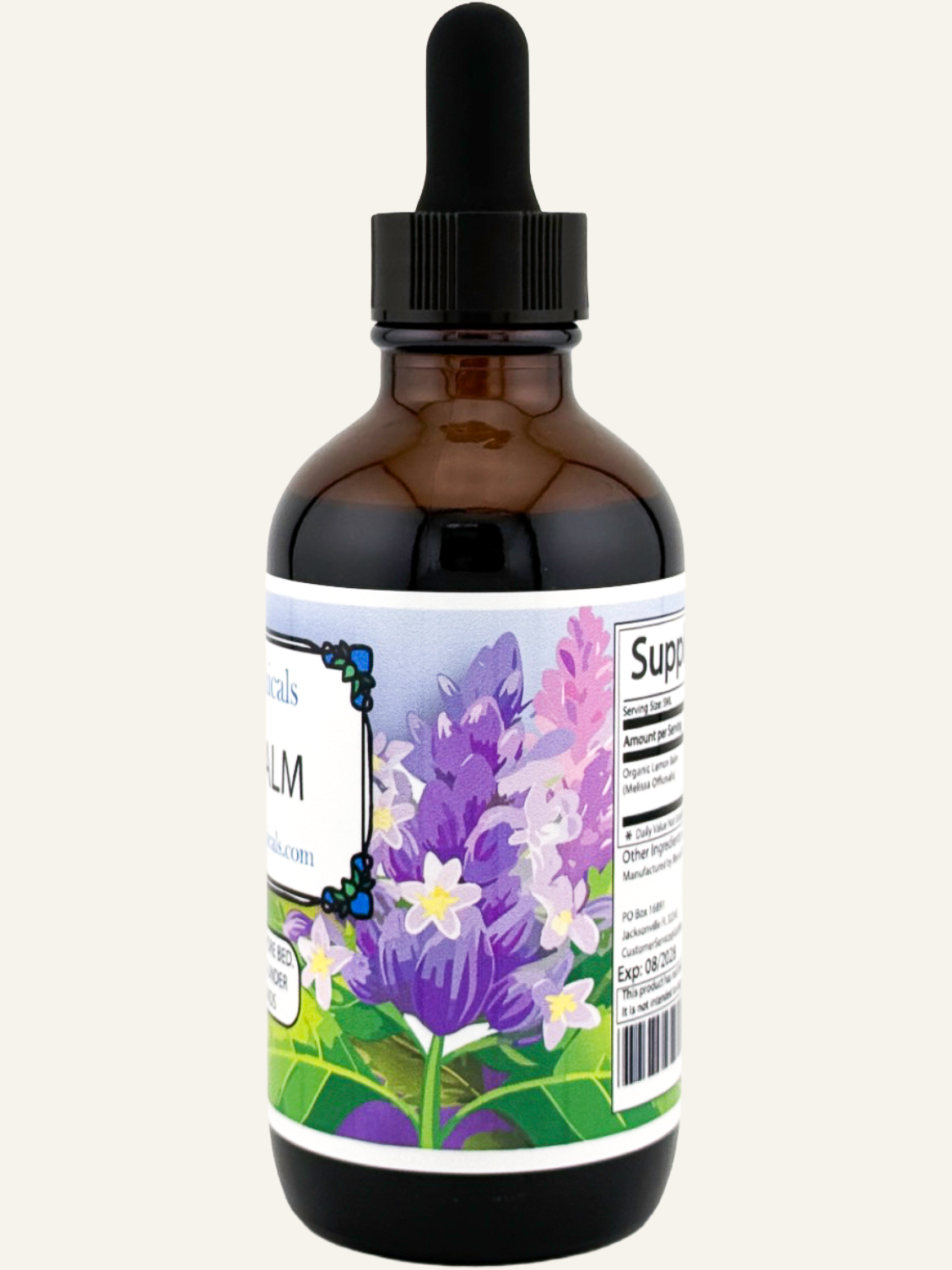 lemon balm tincture bottle side view showing floral label design and supplement facts panel
