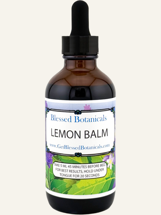 lemon balm tincture bottle by blessed botanicals for relaxation and sleep support