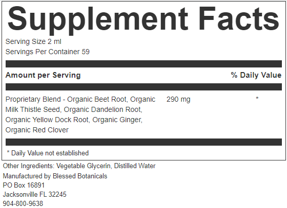 liver cleanse supplement facts close up showing beet root milk thistle dandelion root and herbal ingredients