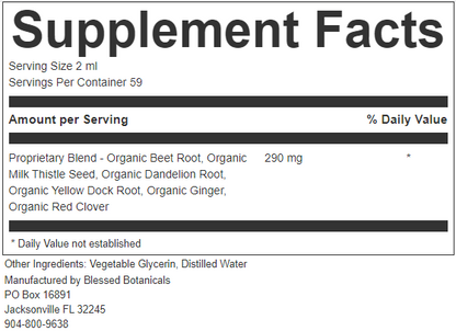 liver cleanse supplement facts close up showing beet root milk thistle dandelion root and herbal ingredients