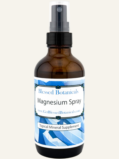 Blessed Botanicals magnesium spray topical mineral supplement for daily body care in amber spray bottle