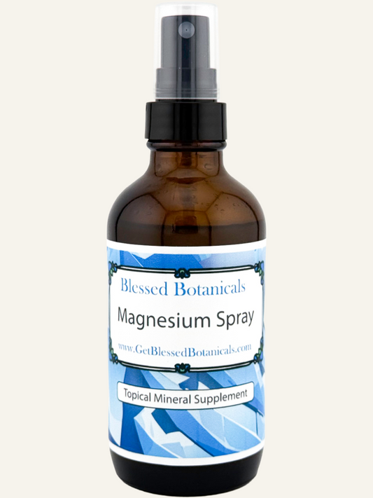 Blessed Botanicals magnesium spray topical mineral supplement for daily body care in amber spray bottle