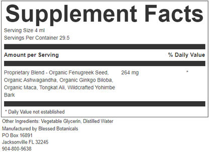 mens health supplement facts close up showing tongkat ali ashwagandha maca and fenugreek blend 264 mg