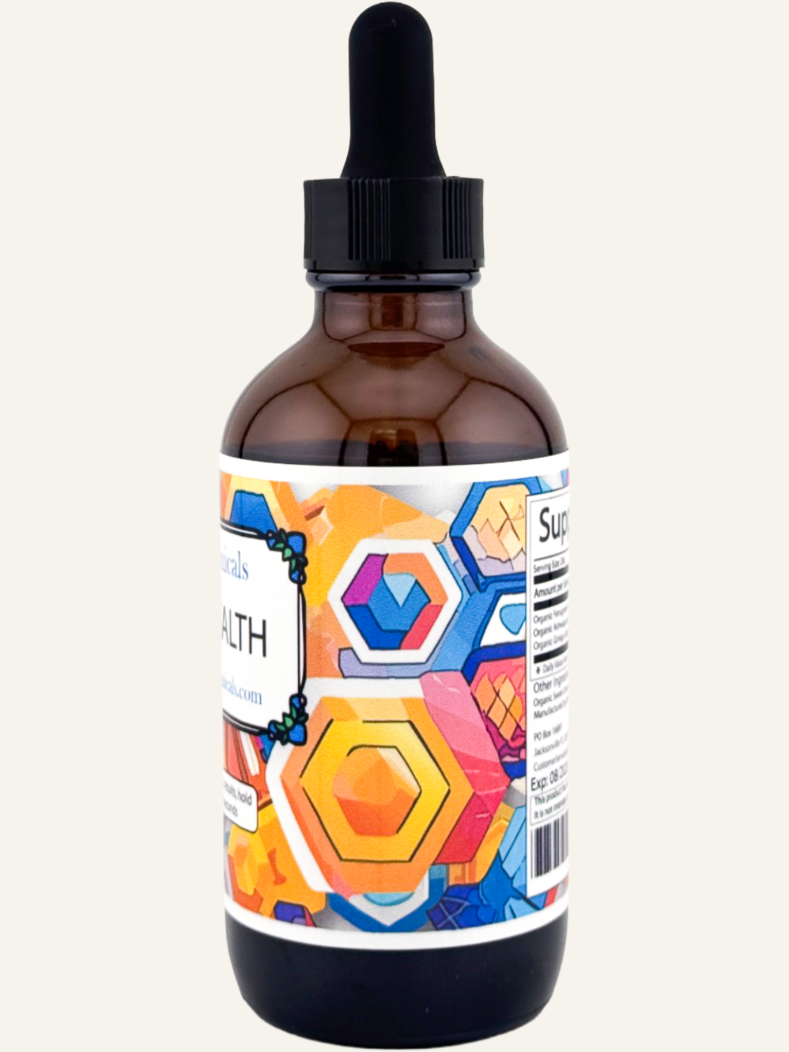 mens health tincture bottle side view showing colorful label design and supplement facts panel