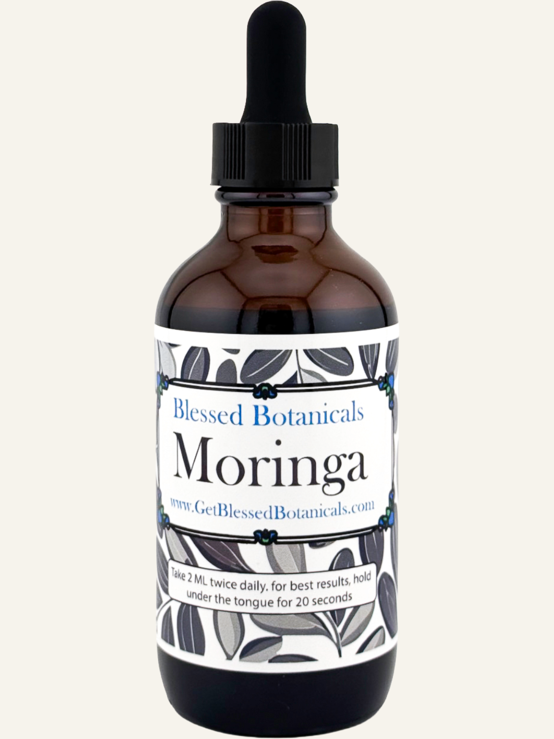 Blessed Botanicals moringa herbal extract dropper for daily wellness support in amber glass bottle