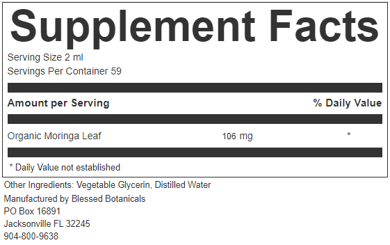 Close up of Blessed Botanicals moringa supplement facts showing organic moringa leaf and serving details for daily wellness support