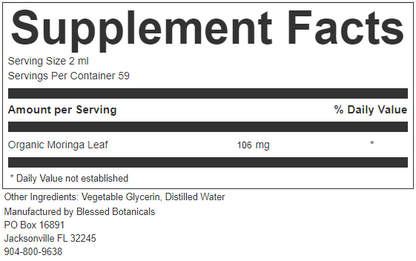 Close up of Blessed Botanicals moringa supplement facts showing organic moringa leaf and serving details for daily wellness support